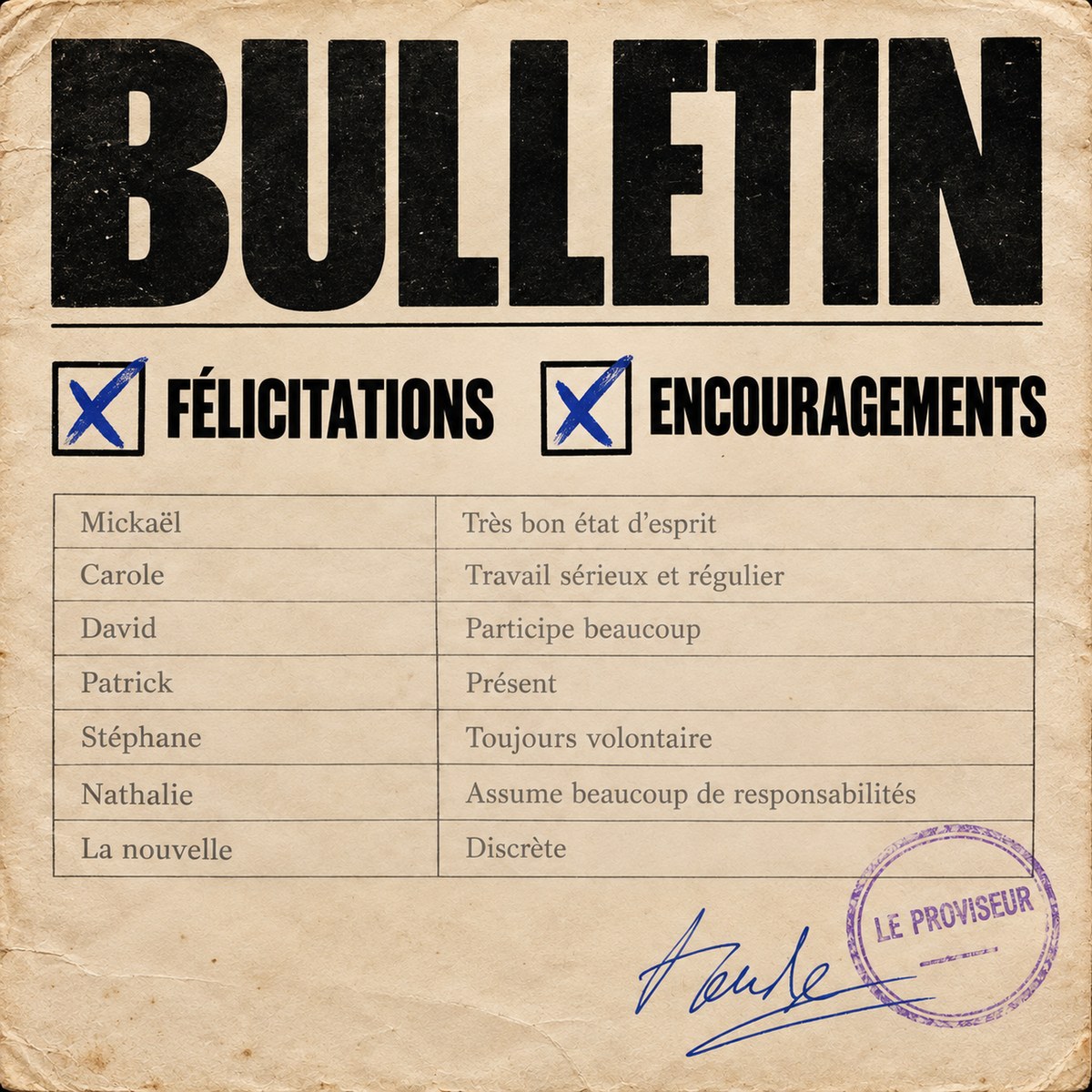 Pochette de l'album : un bulletin scolaire où les mentions Félicitations et Encouragements sont toutes deux cochées au stylo bleu.